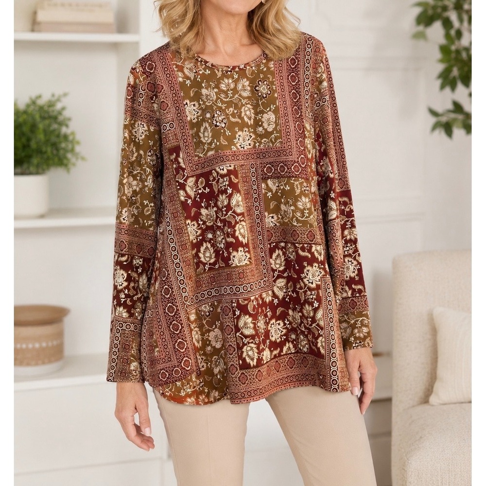 Denim & Co Womens Large Rust Brown Floral Patchwork Tunic Long Sleeve Top L